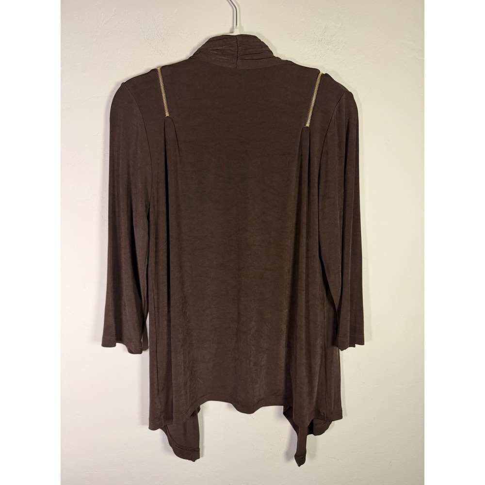 Chicos Travelers Brown Draped Open Front Cardigan Zipper Shoulder Size 1 M Mens - Picture 2 of 8